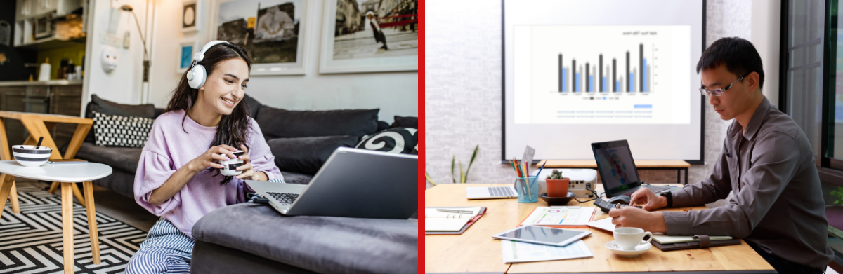 Comparação entre internet residencial e outras modalidades de internet, mostrando uso doméstico para streaming e home office e uso corporativo para atividades profissionais.