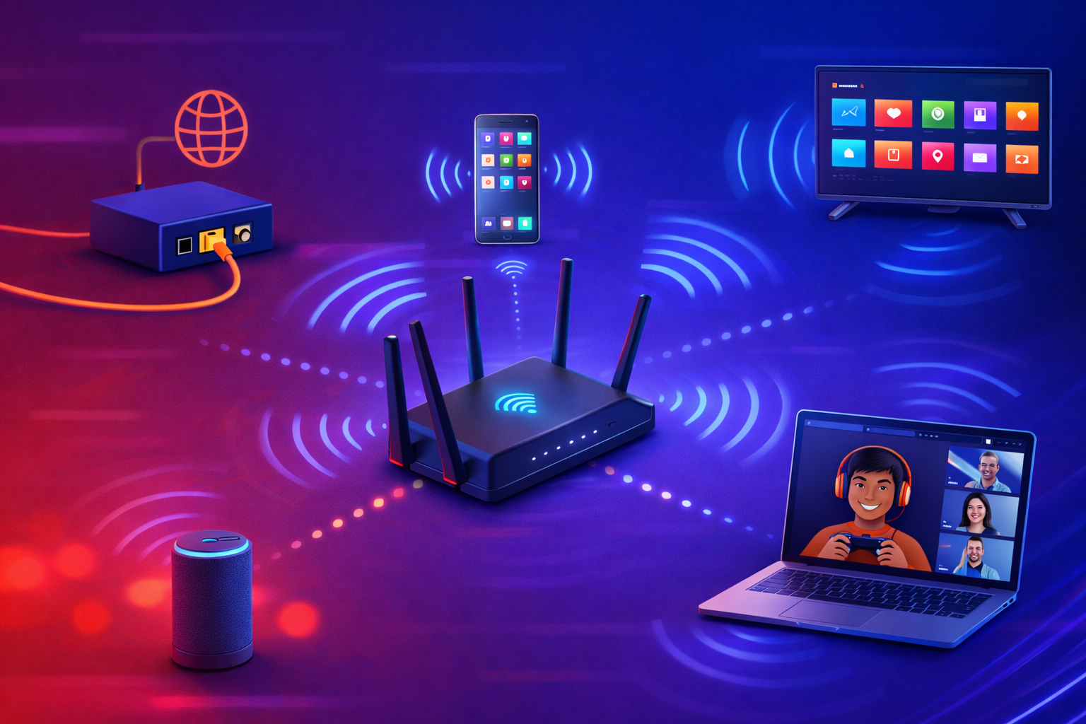 Ilustração mostrando como funciona um roteador Wi-Fi, distribuindo o sinal de internet para celular, notebook, TV, assistente virtual e outros dispositivos conectados sem fio.