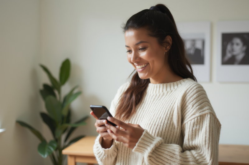 Mulher utilizando o celular em casa para redes sociais e mensagens, representando o uso básico de internet residencial ideal para planos entre 10 e 30 Mbps.