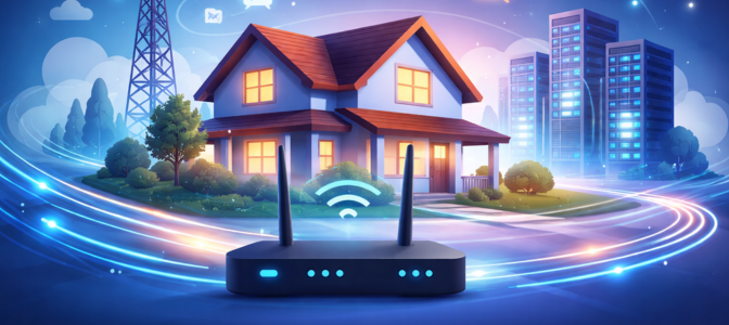 Ilustração de casa conectada à internet com roteador Wi-Fi, torre de telecomunicação e fluxo de dados digitais representando provedor de internet e conexão de alta velocidade.