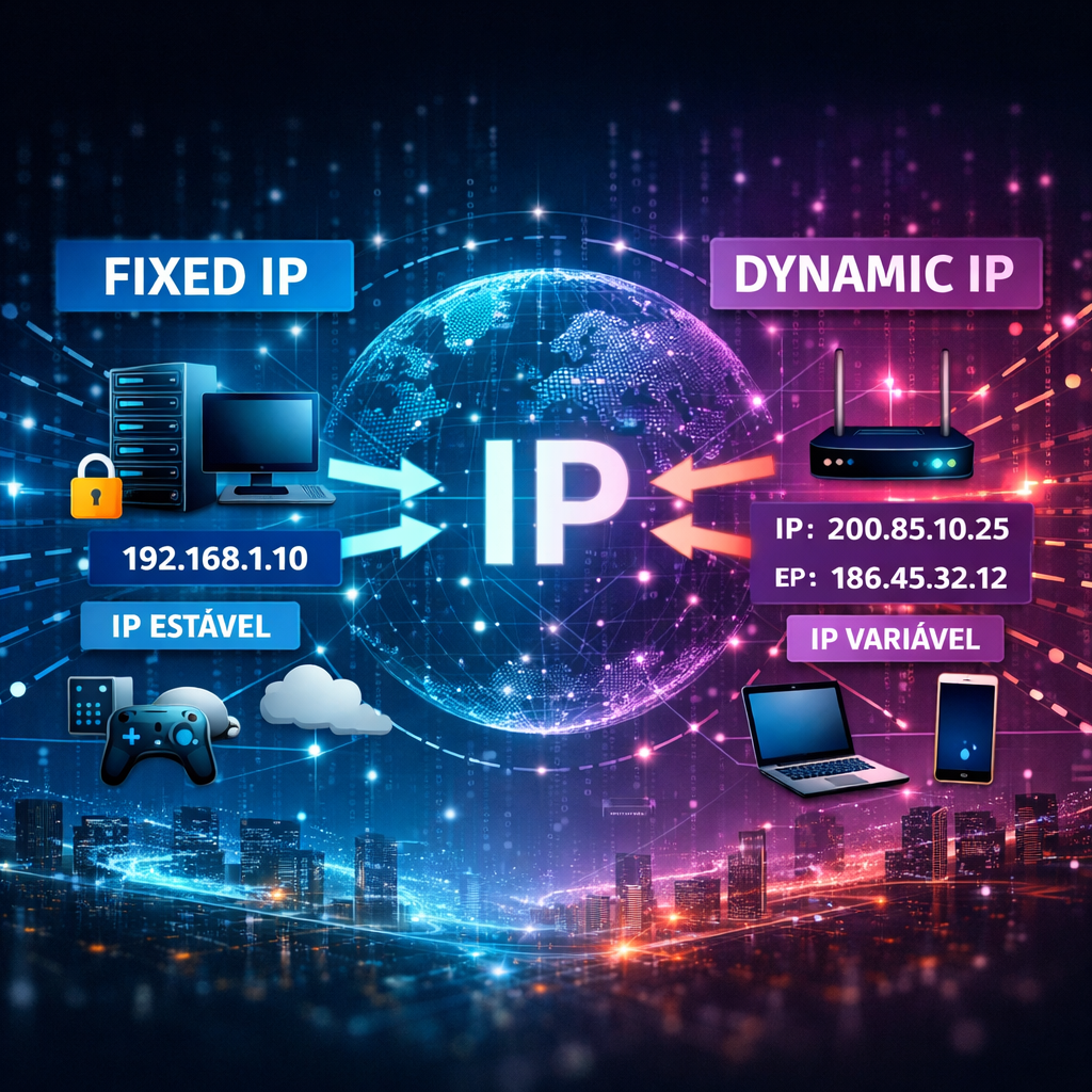 Ilustração explicando a diferença entre IP fixo e IP dinâmico em uma rede de internet, mostrando servidores, roteador e dispositivos conectados.