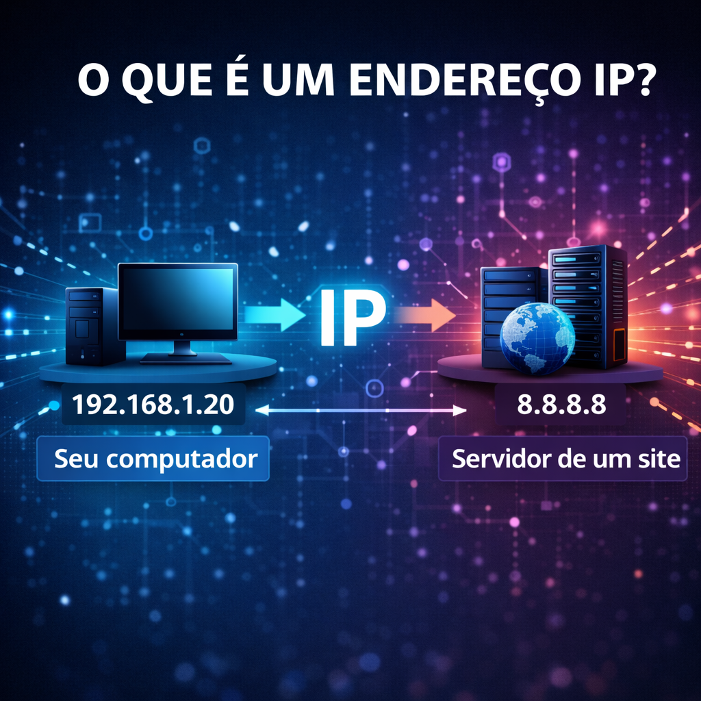 Diagrama explicativo mostrando como funciona um endereço IP conectando um computador a um servidor na internet.