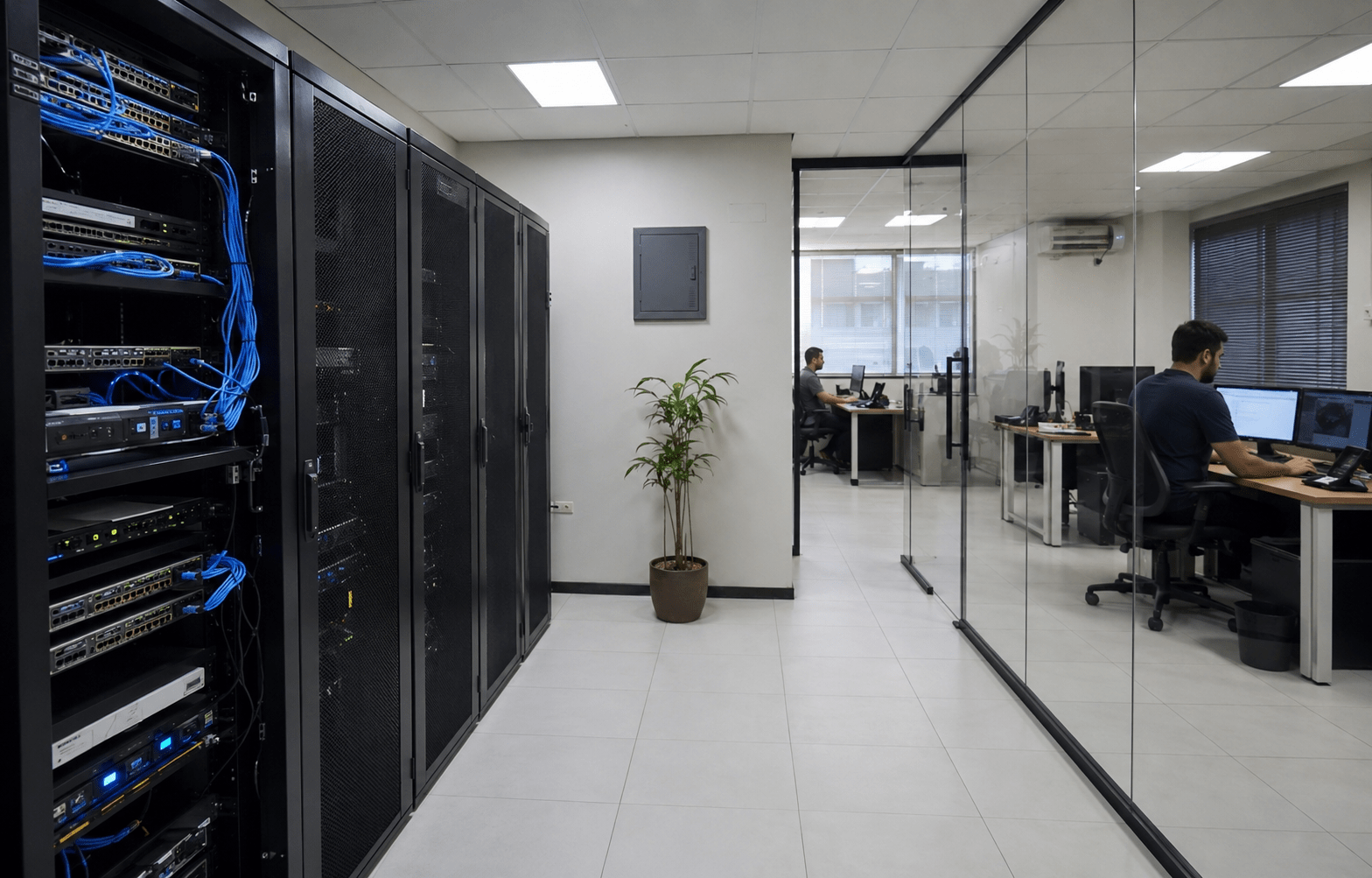 Sala de servidores e ambiente corporativo atendido pela internet empresarial da PKNET em Curitiba