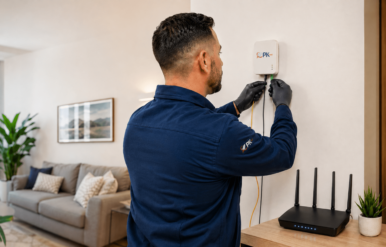 Técnico da PKNET instalando internet de fibra óptica em Campo Largo