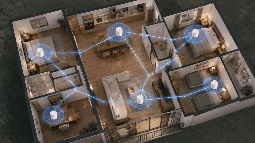 Planta de um apartamento vista de cima, com pontos de Wi-Fi mesh conectados por linhas azuis em cada cômodo