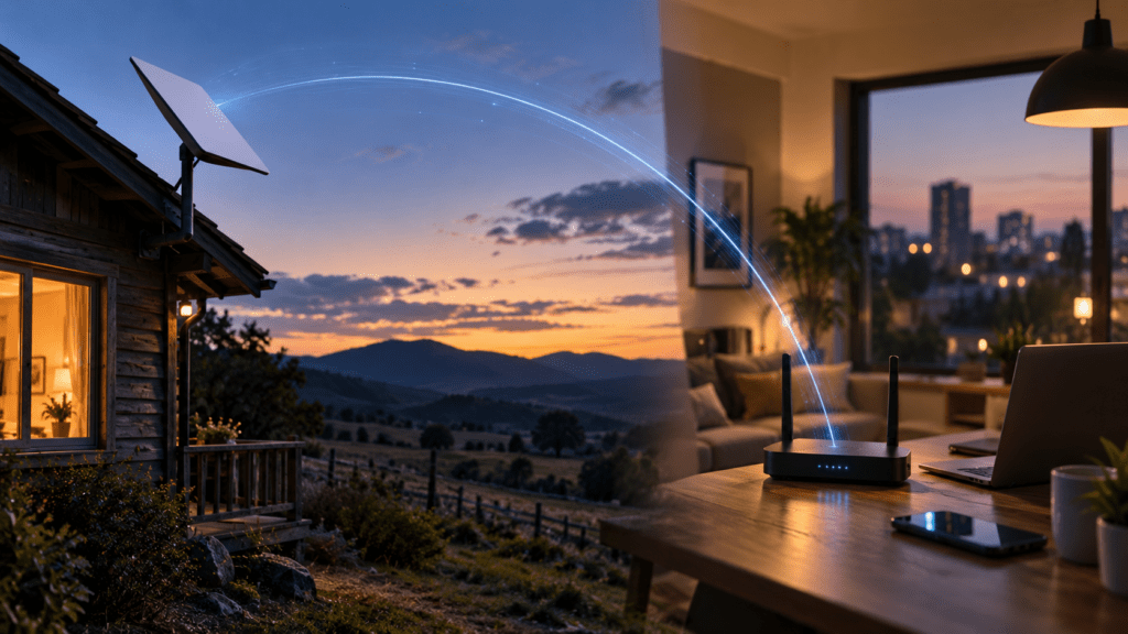 Comparação entre internet via satélite e fibra: casa no campo com antena de satélite no telhado e apartamento na cidade com roteador Wi-Fi sobre a mesa